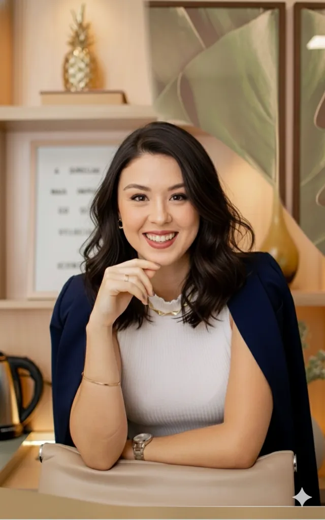 Priscila Figueiredo sentada, sorrindo, com a mão no queixo, em ambiente com decoração tropical ao fundo